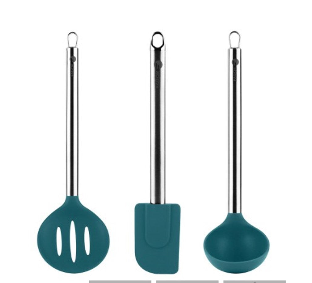 Fagor Spanish 3-Piece Silicone Set stainless steel handle, ladle, spatula, and cutter