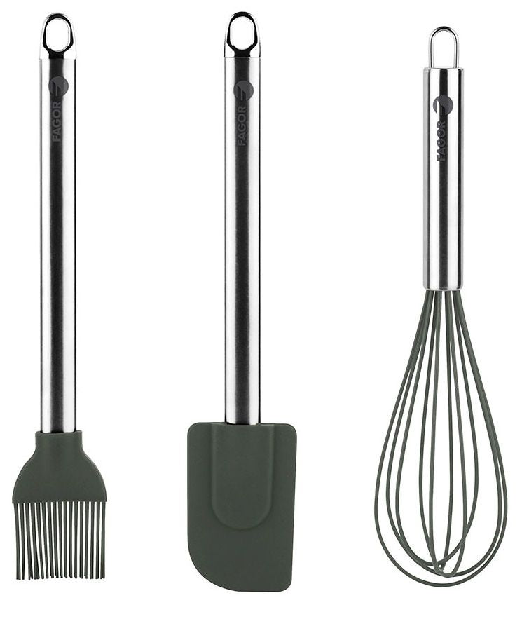 Home 3-piece set of Spanish Fagor silicone handle, stainless steel spatula, egg beater, and butter brush
