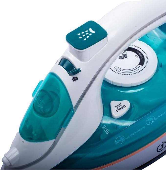 مكواة إزالة التجاعيد الاحترافية للأطفال من جينيريك، بقوة 2600 واط، تعمل بالبخار السريع، بقاعدة سيراميك، لون فيروزي، ذاتية التنظيف.