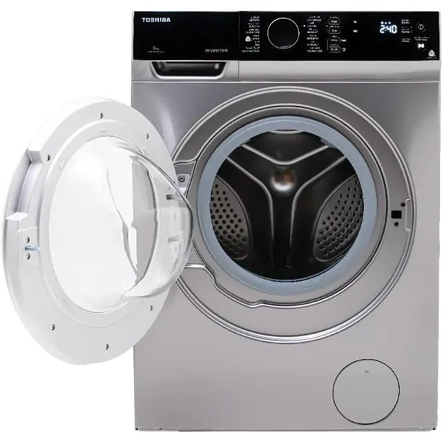غسالة توشيبا 9كيلوجرامبمحرك انفرتر ولون فضي، 1400 لفة في الدقيقة، موديل TW-BJ100M4E SK ، 9 كيلوجرام تعبئة أمامية