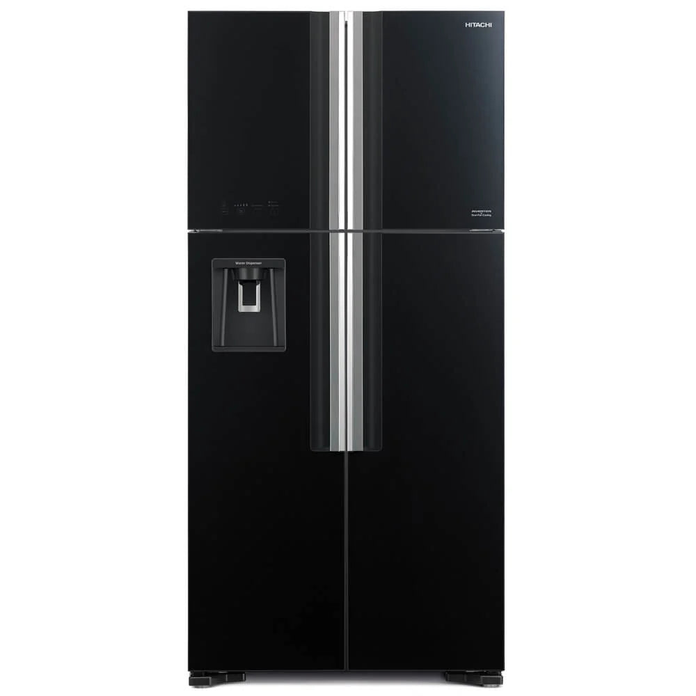 Hitachi 4-Door 740 Liter Black Glass Refrigerator with Ice Maker and Water Dispenser - RW760PUGBK