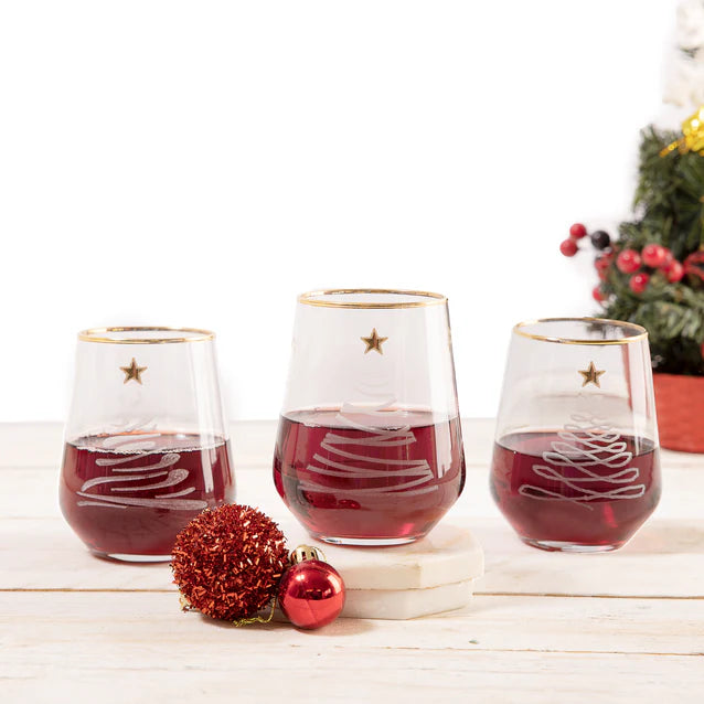 Pasabahce 6 Allegra Old Fashioned Glasses Set - Frosted Christmas Tree & Gold Detail, 425ml