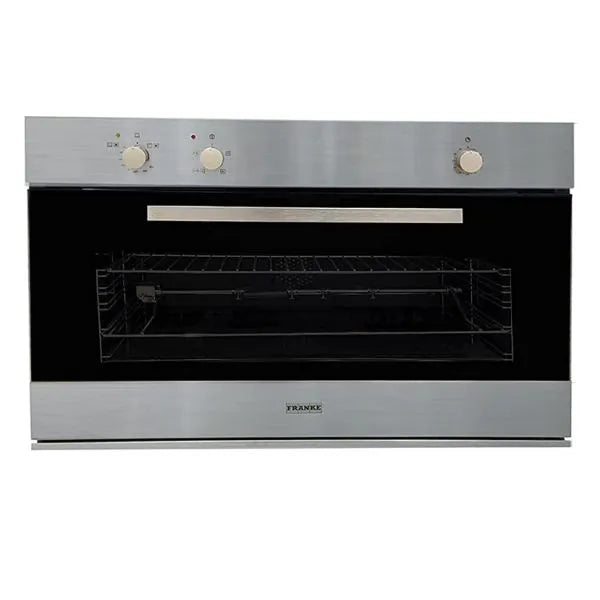 Franke Built-in Gas Hob 5 Burners Cast Iron Stainless+Franke Kitchen Chimney Hood Glass Curved 90 cm 650 m3/h Stainless + Franke Built-In Gas Oven With Gas Grill, 90 cm, 97 Liter, Stainless Steel - FMXO 52 G XS