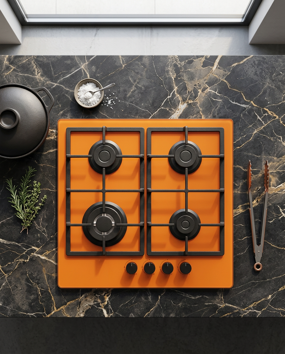 Bexel Built in Hob Model: ESF 4 Avx G ; Orange Color ; Glass thickness 10mm ; 60 * 50 ; 4 Gas Burners ; Full Safety ; High Efficiency Burners ; Cast Iron Pan Support 1 Piece