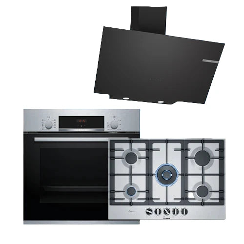 مجموعة أجهزة بوش المدمجة: شفاط حائطي من السلسلة 4، 90 سم، DWK96PJ60T + موقد غاز بخمس شعلات من السلسلة 6، PCQ7A5B90 + فرن كهربائي من السلسلة 4، 60x60 سم، من الفولاذ المقاوم للصدأ، HBJ534ES0