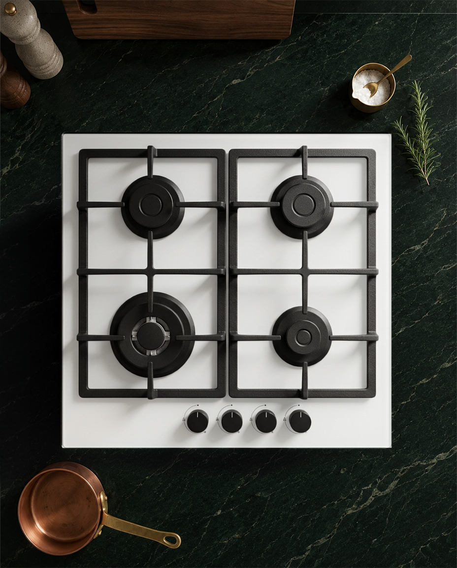 Bexel Built in Hob Model: ESF 4 Avx G ; White Color ; Glass thickness 10mm ; 60 * 50 ; 4 Gas Burners ; Full Safety ; High Efficiency Burners ; Cast Iron Pan Support 1 Piece