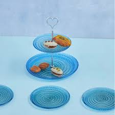 153.03.06.9998 - Karaca Glass Dessert Set, 7 Pieces (2-Tier Stand + 6 Glass Plates), Blue