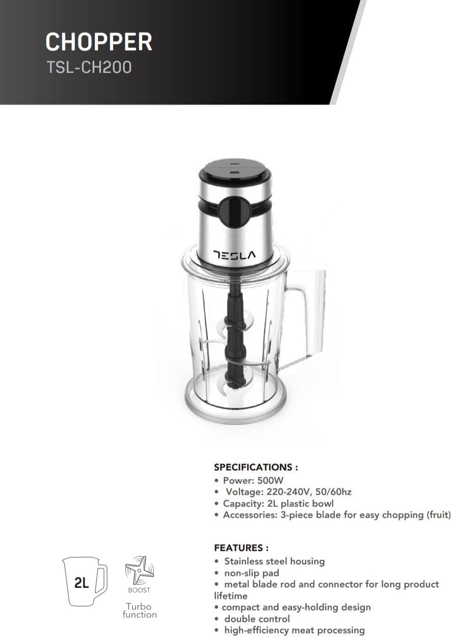 TESLA Chopper, 2 Liter, 500 Watt, Silver Black - TSL-CH200