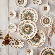 Karaca Chart Porcelain 26 Piece Breakfast Set Rnd (6 serving plates+6 Tea Cups+6 Tea Cups and Saucers+4 Bowls+2 Boat Plates+2 Cheese Plates)Made in turkia