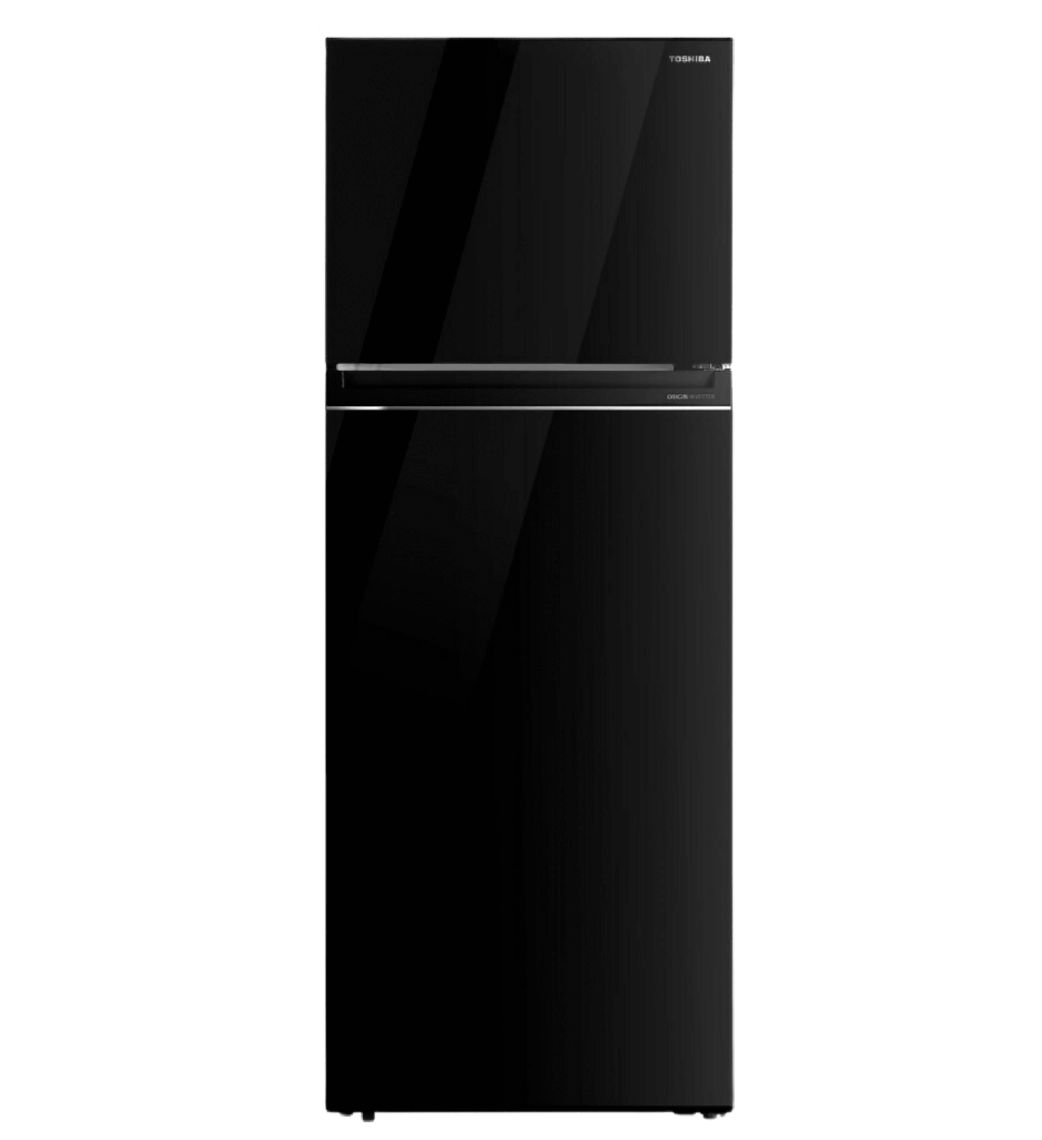 ثلاجة ببابين من الزجاج بلون أسود سعة 463 لتر توشيبا بضاغط عاكس وثبات الجهد وتبريد الهواء وصندوق أدوات وخاصية التحكم في الرطوبة وبيئة نثية ومنطقة تبريد
