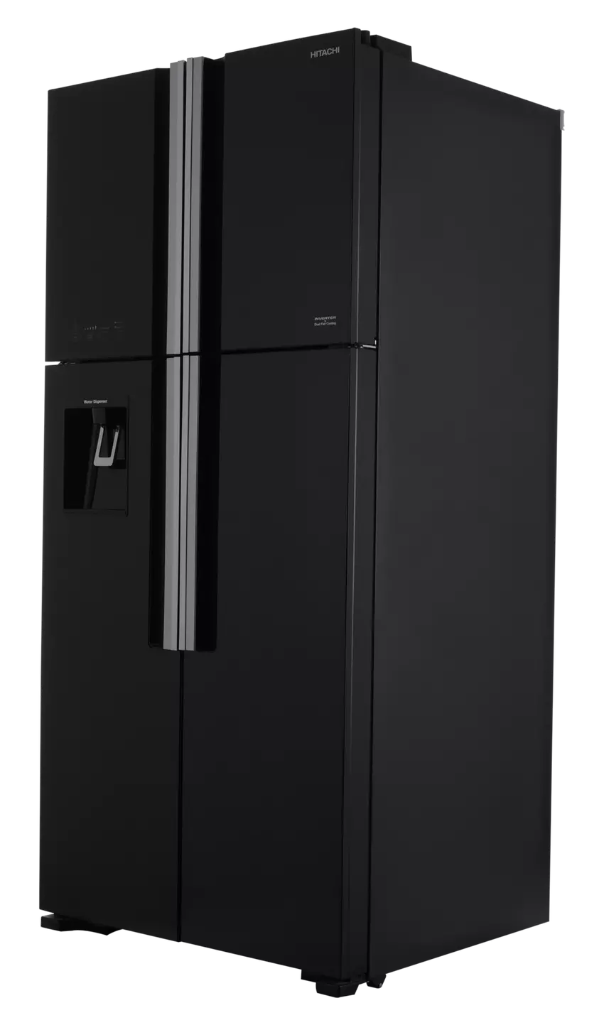 Hitachi 4-Door 740 Liter Black Glass Refrigerator with Ice Maker and Water Dispenser - RW760PUGBK