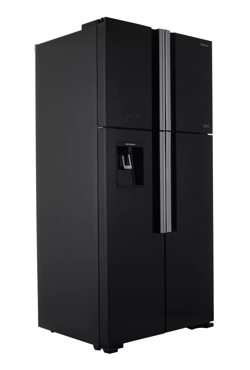 Hitachi 4-Door 740 Liter Black Glass Refrigerator with Ice Maker and Water Dispenser - RW760PUGBK