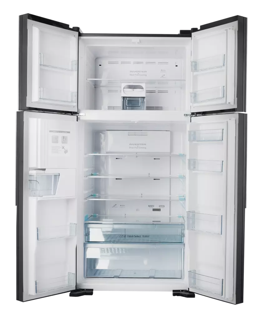 Hitachi 4-Door 740 Liter Black Glass Refrigerator with Ice Maker and Water Dispenser - RW760PUGBK