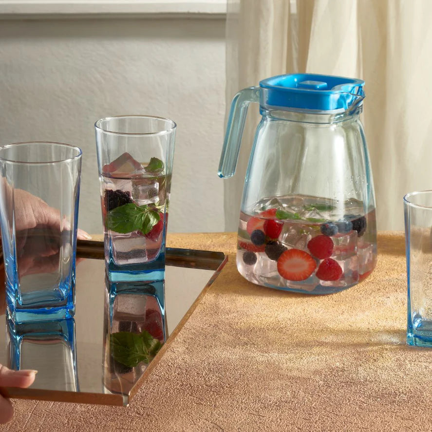 Pasabahce Carre Jug with Blue Lid - Turquoise, 1.8L