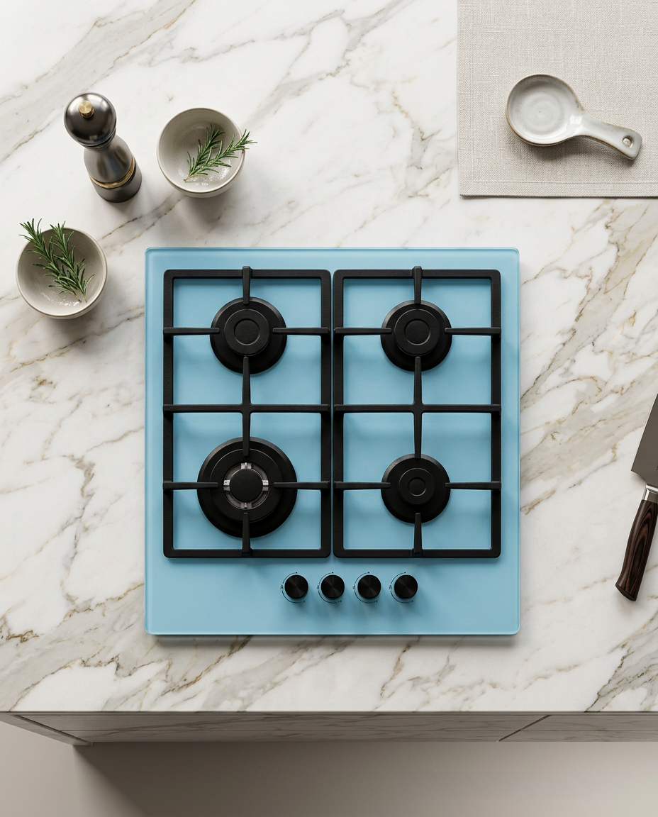 Bexel Built in Hob Model: ESF 4 Avx G ; Baby Blue Color ; Glass thickness 10mm ;  60 * 50 ; 4 Gas Burners ; Full Safety ; High Efficiency Burners ; Cast Iron Pan Support 1 Piece