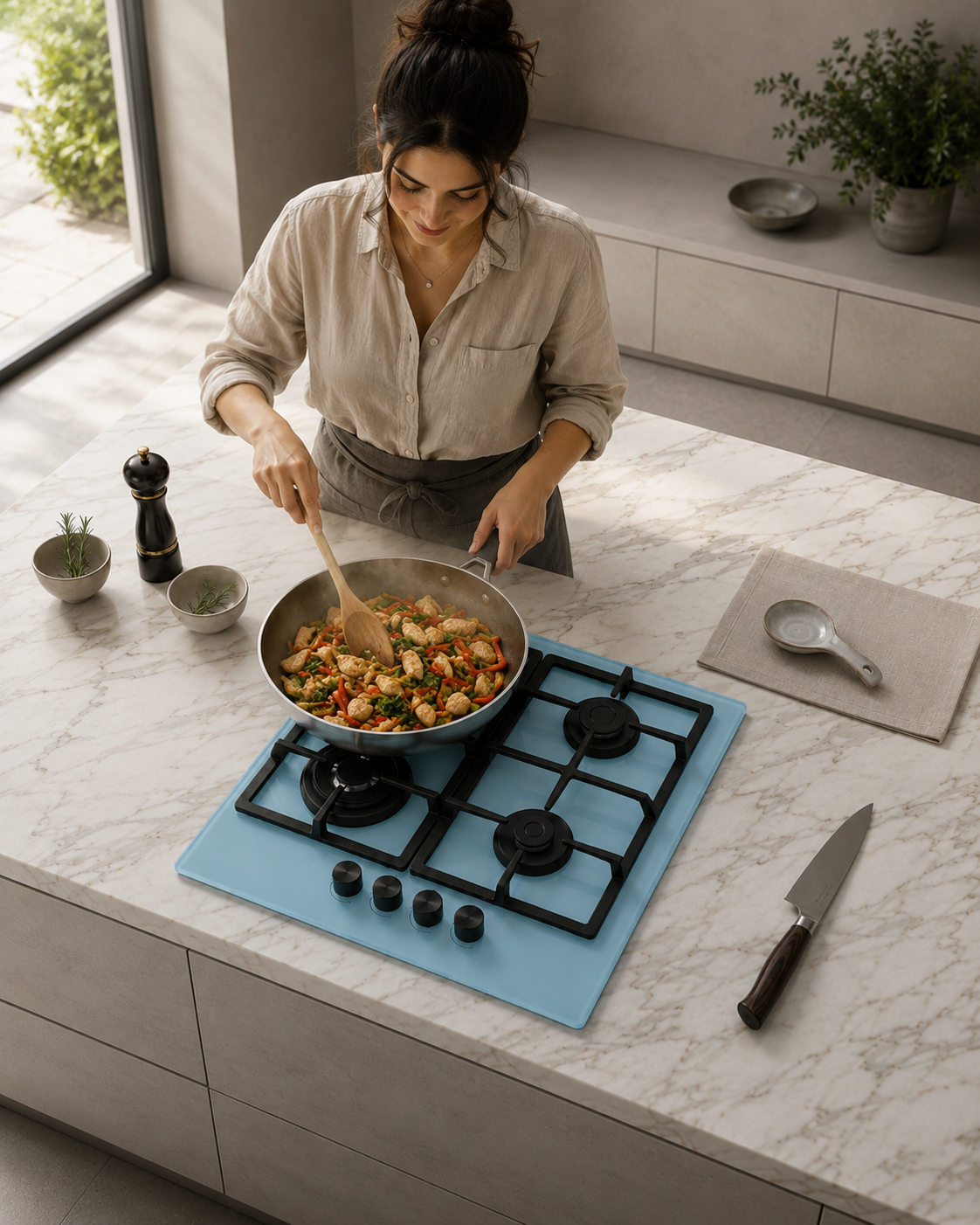 Bexel Built in Hob Model: ESF 4 Avx G ; Baby Blue Color ; Glass thickness 10mm ;  60 * 50 ; 4 Gas Burners ; Full Safety ; High Efficiency Burners ; Cast Iron Pan Support 1 Piece