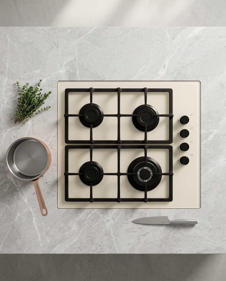 Bexel Built in Hob Model: ESF 4 Avx G ; Cappuccino Color ; Glass thickness 10mm ;  60 * 50 ; 4 Gas Burners ; Full Safety ; High Efficiency Burners ; Cast Iron Pan Support 1 Piece