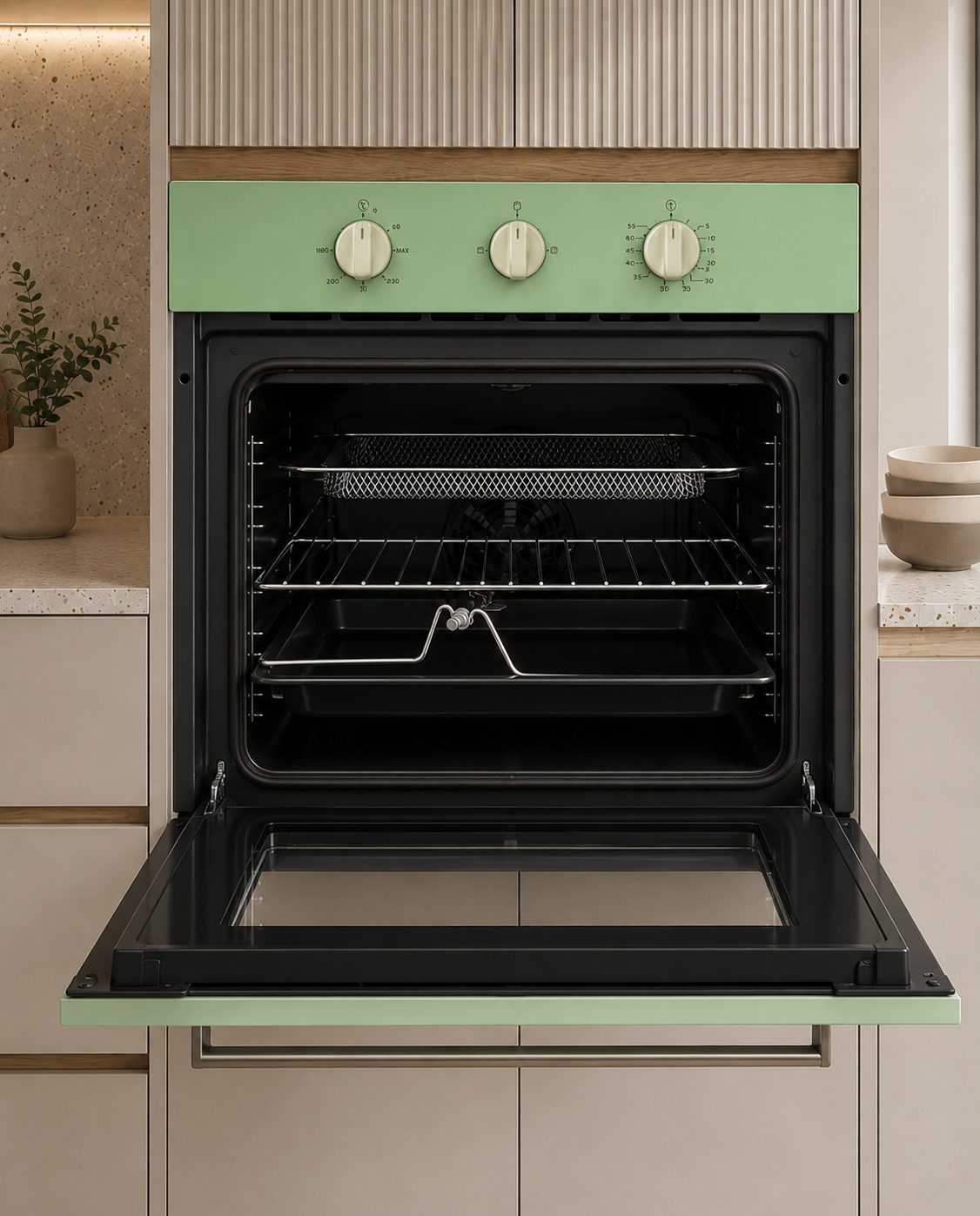 Bexel Built in Oven Model: ESV 60 M ; Pistachio Color ; 60 * 60 ; Gas Oven & Gas Grill ; Full Safety ; Glass control panel; Air Fryer ; Mechanical Timer 1 Piece
