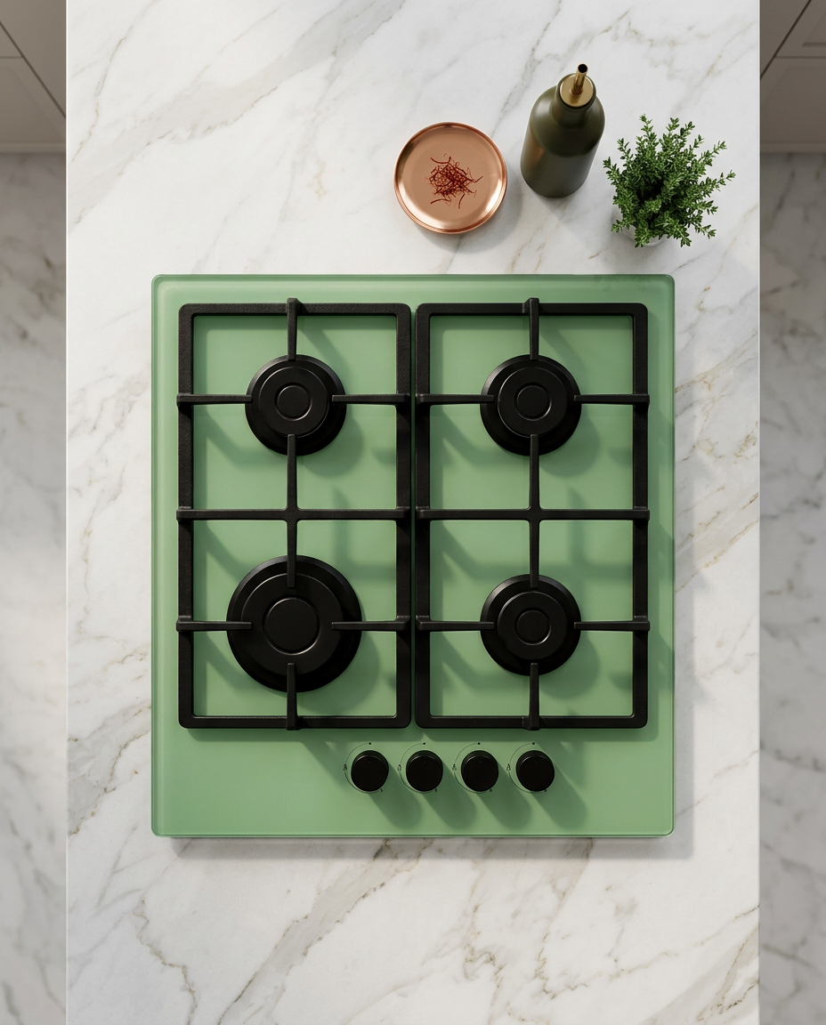 Bexel Built in Hob Model: ESF 4 Avx G ; Pistachio Color ; Glass thickness 10mm ;  60 * 50 ; 4 Gas Burners ; Full Safety ; High Efficiency Burners ; Cast Iron Pan Support 1 Piece
