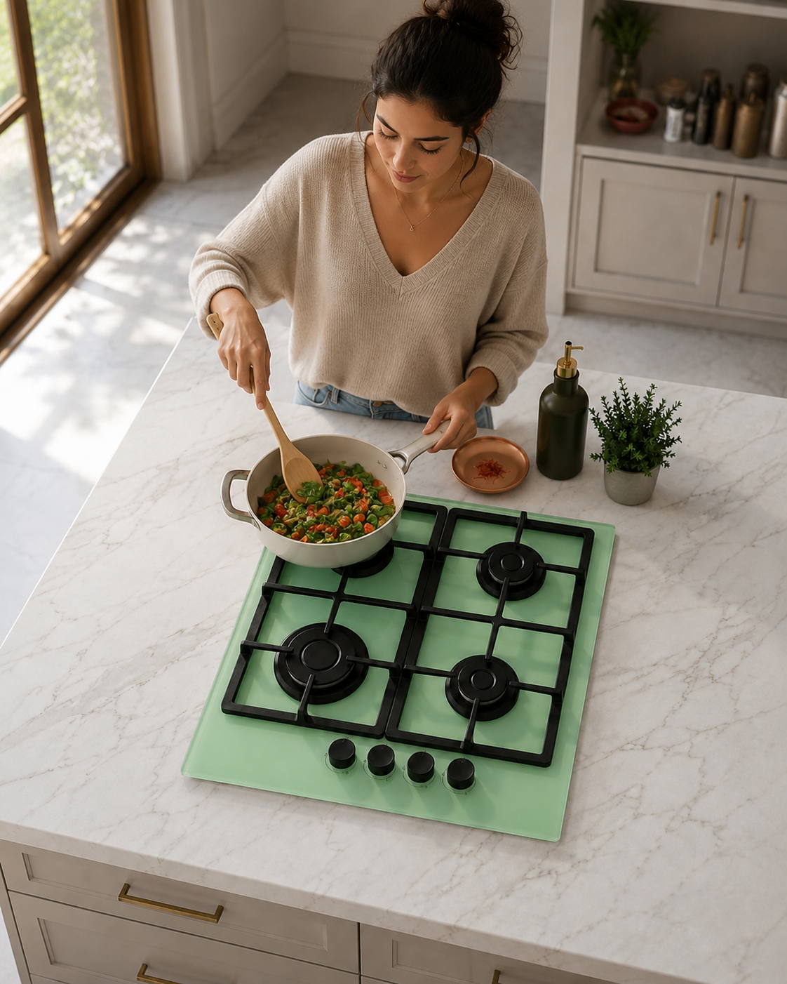 Bexel Built in Hob Model: ESF 4 Avx G ; Pistachio Color ; Glass thickness 10mm ;  60 * 50 ; 4 Gas Burners ; Full Safety ; High Efficiency Burners ; Cast Iron Pan Support 1 Piece