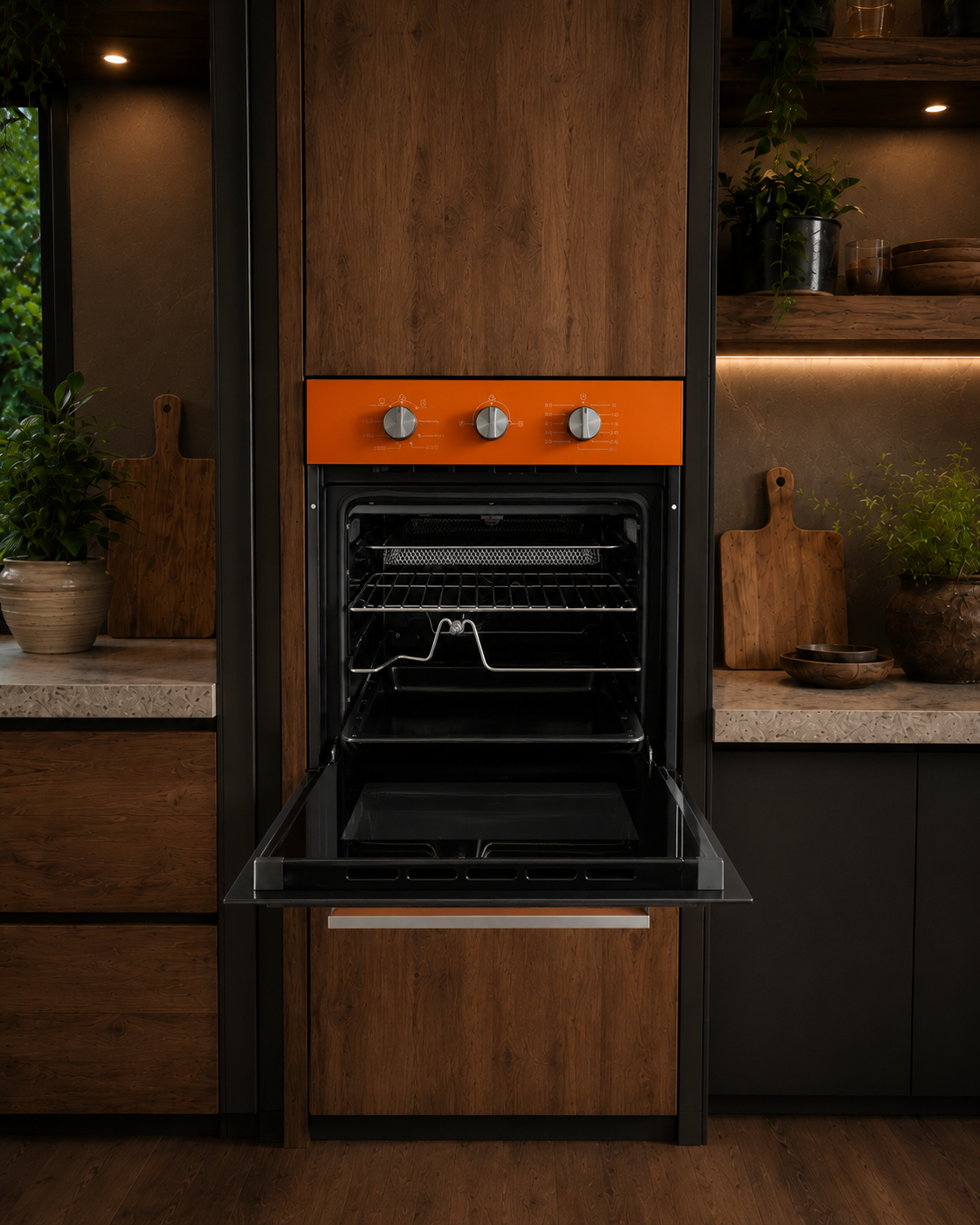 Bexel Built in Oven Model: ESV 60 M ; Orange Color ; 60 * 60 ; Gas Oven & Gas Grill ; Full Safety ; Glass control panel; Air Fryer ;Mechanical Timer 1 Piece