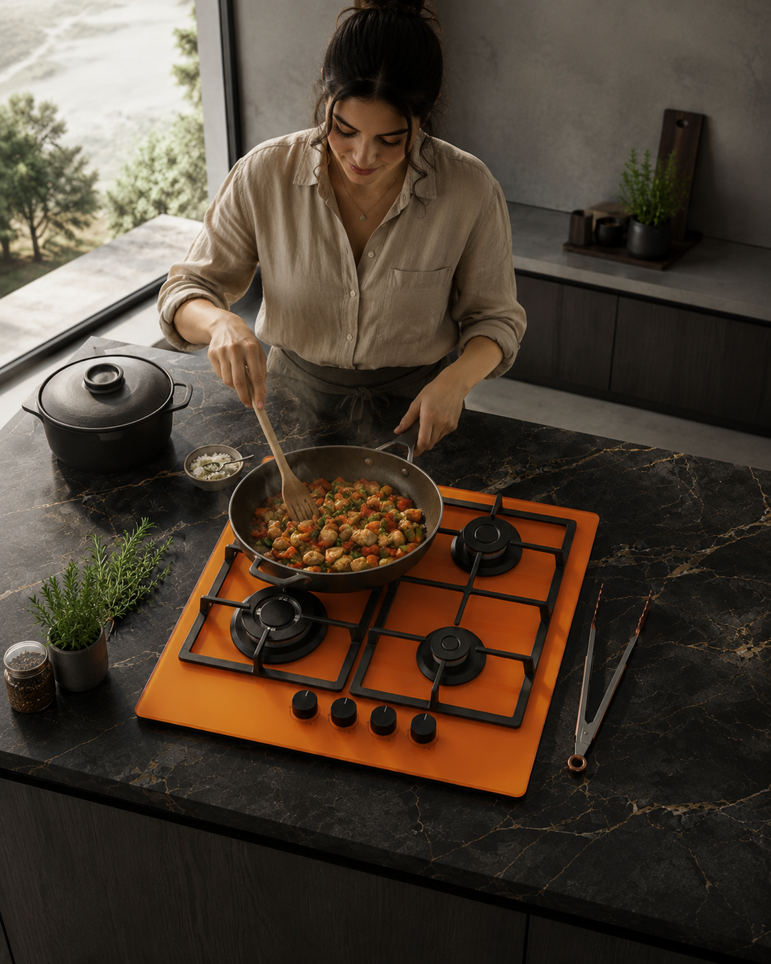 Bexel Built in Hob Model: ESF 4 Avx G ; Orange Color ; Glass thickness 10mm ;  60 * 50 ; 4 Gas Burners ; Full Safety ; High Efficiency Burners ; Cast Iron Pan Support 1 Piece